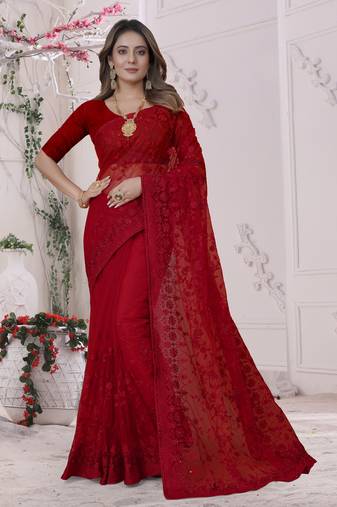 Red Sequin Zari Moti Resham Stone Embroidered Net Saree With Blouse Piece