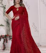 Red Sequin Zari Moti Resham Stone Embroidered Net Saree With Blouse Piece