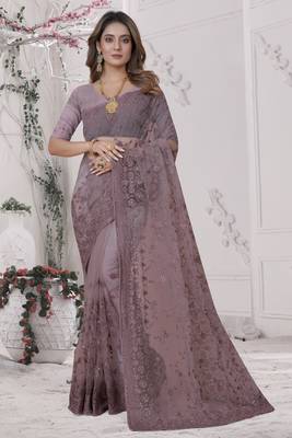 Lavender Sequin Zari Moti Resham Stone Embroidered Net Saree With Blouse Piece 1