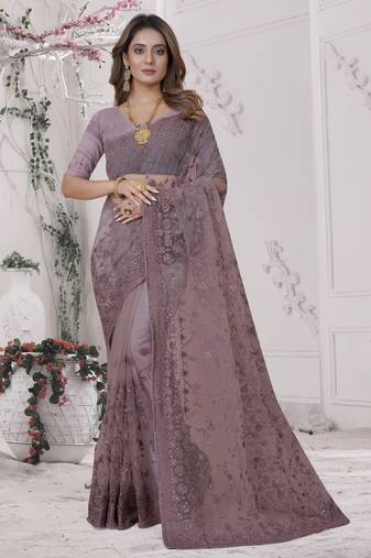 Lavender Sequin Zari Moti Resham Stone Embroidered Net Saree With Blouse Piece
