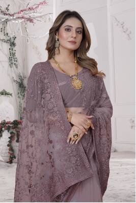 Lavender Sequin Zari Moti Resham Stone Embroidered Net Saree With Blouse Piece 2