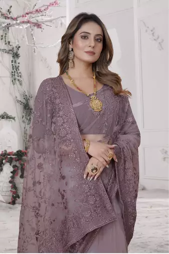 Lavender Sequin Zari Moti Resham Stone Embroidered Net Saree With Blouse Piece