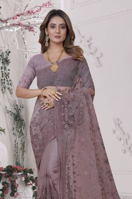 Lavender Sequin Zari Moti Resham Stone Embroidered Net Saree With Blouse Piece 3