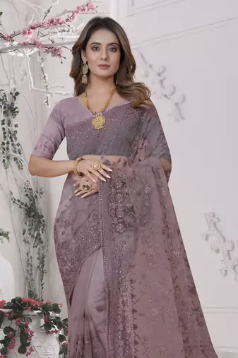 Lavender Sequin Zari Moti Resham Stone Embroidered Net Saree With Blouse Piece