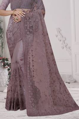 Lavender Sequin Zari Moti Resham Stone Embroidered Net Saree With Blouse Piece 4