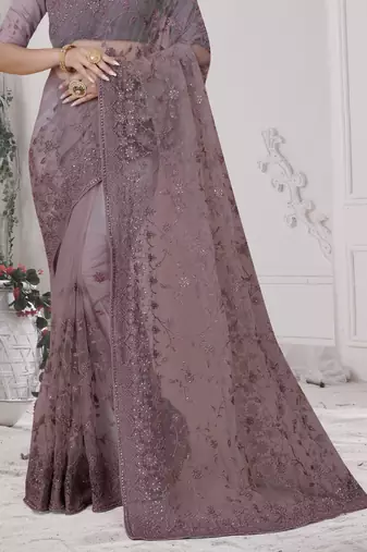 Lavender Sequin Zari Moti Resham Stone Embroidered Net Saree With Blouse Piece