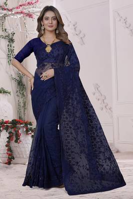 Navy Blue Sequin Zari Moti Resham Stone Embroidered Net Saree With Blouse Piece 1