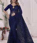 Navy Blue Sequin Zari Moti Resham Stone Embroidered Net Saree With Blouse Piece