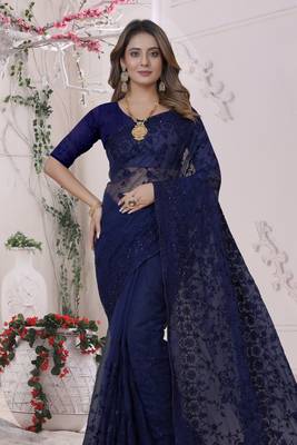 Navy Blue Sequin Zari Moti Resham Stone Embroidered Net Saree With Blouse Piece 3