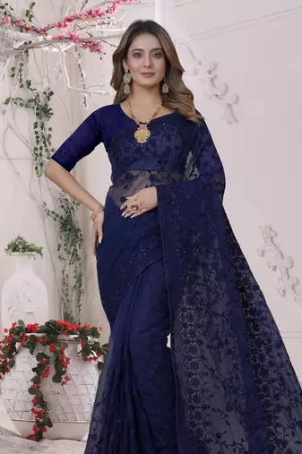 Navy Blue Sequin Zari Moti Resham Stone Embroidered Net Saree With Blouse Piece