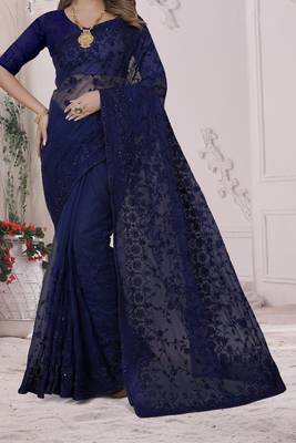 Navy Blue Sequin Zari Moti Resham Stone Embroidered Net Saree With Blouse Piece 4