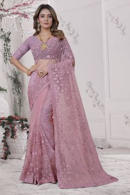 Pink Sequin Zari Moti Resham Stone Embroidered Net Saree With Blouse Piece 1