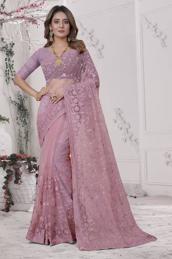 Pink Sequin Zari Moti Resham Stone Embroidered Net Saree With Blouse Piece