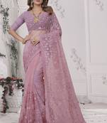 Pink Sequin Zari Moti Resham Stone Embroidered Net Saree With Blouse Piece