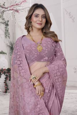Pink Sequin Zari Moti Resham Stone Embroidered Net Saree With Blouse Piece 2