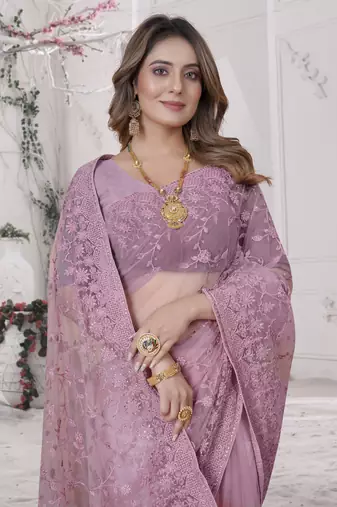 Pink Sequin Zari Moti Resham Stone Embroidered Net Saree With Blouse Piece