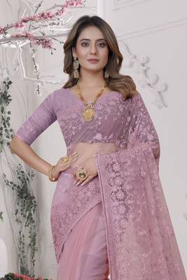 Pink Sequin Zari Moti Resham Stone Embroidered Net Saree With Blouse Piece 3