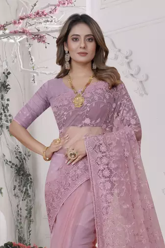 Pink Sequin Zari Moti Resham Stone Embroidered Net Saree With Blouse Piece