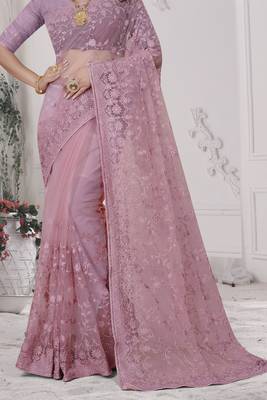 Pink Sequin Zari Moti Resham Stone Embroidered Net Saree With Blouse Piece 4