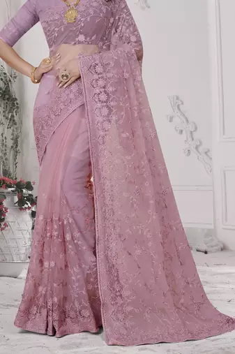 Pink Sequin Zari Moti Resham Stone Embroidered Net Saree With Blouse Piece