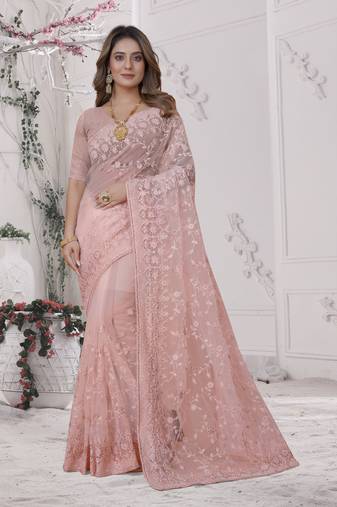 Peach Sequin Zari Moti Resham Stone Embroidered Net Saree With Blouse Piece