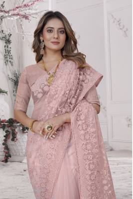 Peach Sequin Zari Moti Resham Stone Embroidered Net Saree With Blouse Piece 2