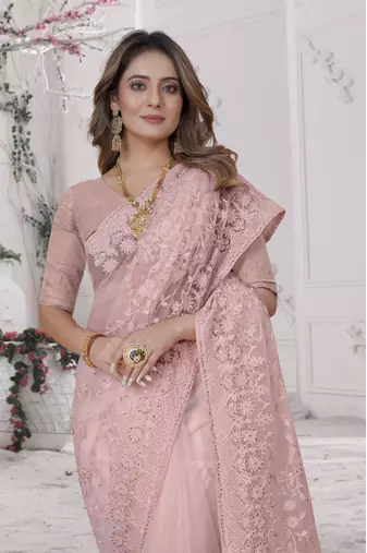Peach Sequin Zari Moti Resham Stone Embroidered Net Saree With Blouse Piece