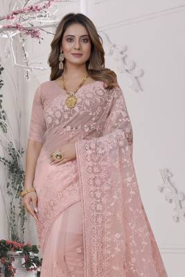 Peach Sequin Zari Moti Resham Stone Embroidered Net Saree With Blouse Piece 3