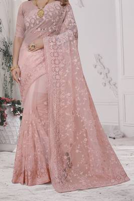 Peach Sequin Zari Moti Resham Stone Embroidered Net Saree With Blouse Piece 4
