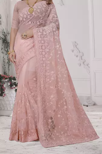 Peach Sequin Zari Moti Resham Stone Embroidered Net Saree With Blouse Piece