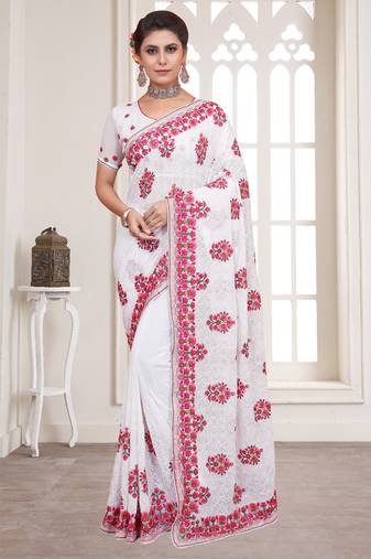 White Sequence Resham Embroidered Georgette Saree With Blouse Piece