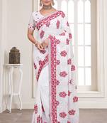White Sequence Resham Embroidered Georgette Saree With Blouse Piece