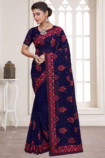 Navy Blue Sequence Resham Embroidered Georgette Saree With Blouse Piece