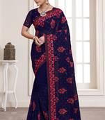 Navy Blue Sequence Resham Embroidered Georgette Saree With Blouse Piece