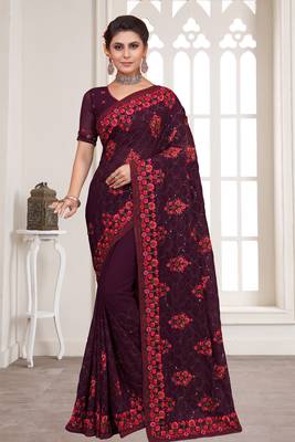 Purple Sequence Resham Embroidered Georgette Saree With Blouse Piece 1