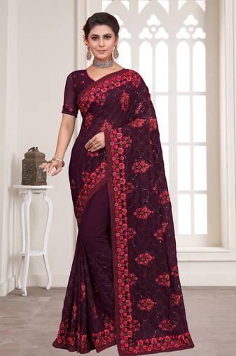 Purple Sequence Resham Embroidered Georgette Saree With Blouse Piece
