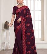 Purple Sequence Resham Embroidered Georgette Saree With Blouse Piece