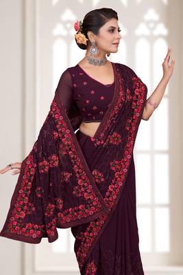 Purple Sequence Resham Embroidered Georgette Saree With Blouse Piece 2