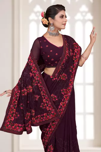 Purple Sequence Resham Embroidered Georgette Saree With Blouse Piece