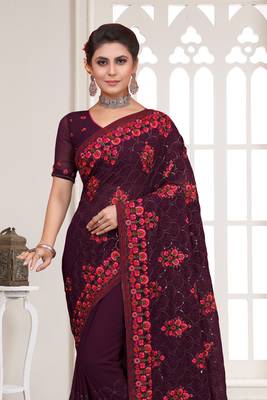 Purple Sequence Resham Embroidered Georgette Saree With Blouse Piece 3
