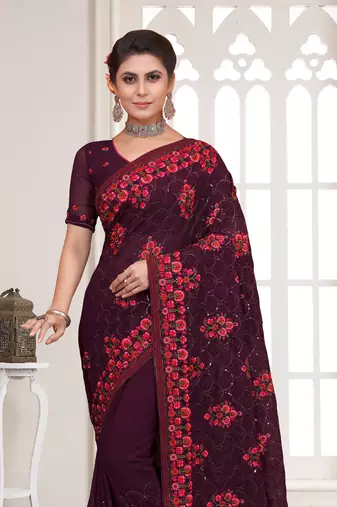 Purple Sequence Resham Embroidered Georgette Saree With Blouse Piece