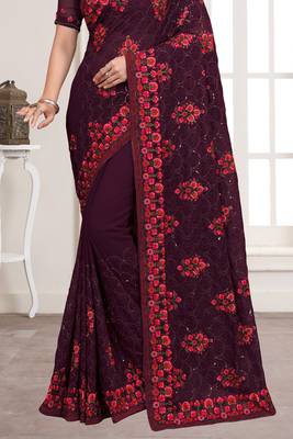 Purple Sequence Resham Embroidered Georgette Saree With Blouse Piece 4