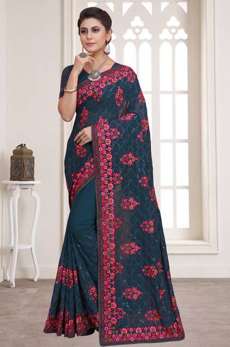 Teal Blue Sequence Resham Embroidered Georgette Saree With Blouse Piece