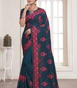 Teal Blue Sequence Resham Embroidered Georgette Saree With Blouse Piece