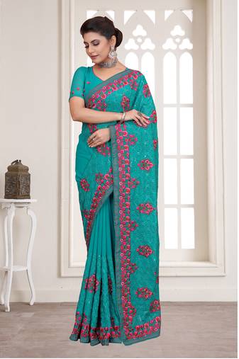 Turquoise Sequence Resham Embroidered Georgette Saree With Blouse Piece