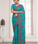 Turquoise Sequence Resham Embroidered Georgette Saree With Blouse Piece