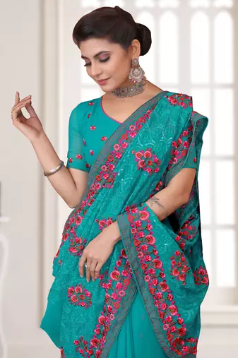 Turquoise Sequence Resham Embroidered Georgette Saree With Blouse Piece