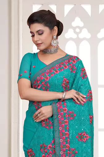 Turquoise Sequence Resham Embroidered Georgette Saree With Blouse Piece