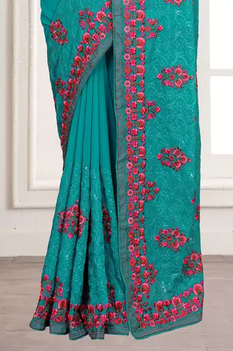 Turquoise Sequence Resham Embroidered Georgette Saree With Blouse Piece