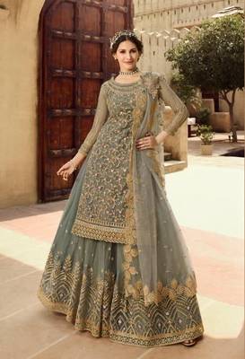 OLIVE GREEN NET EMBROIDERED SEMI STITCH DRESS MATERIAL 1